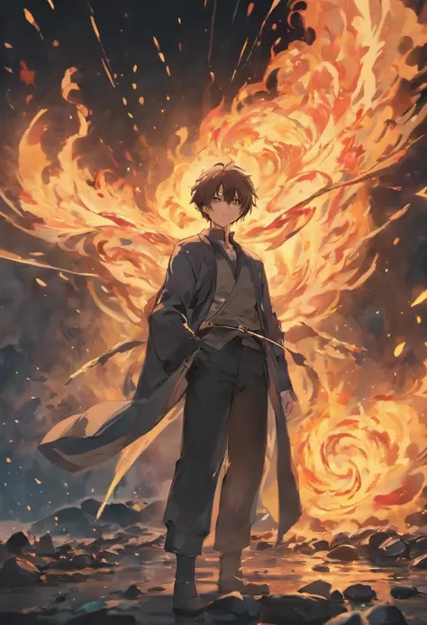 A brooding and mysterious man with a tragic past. He possesses incredible control over the element of fire but keeps it hidden from the world. anime poses relaxing