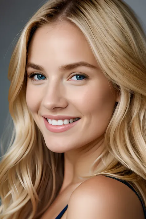 Create an exceptionally detailed 8K portrait of a gorgeous blonde model with a captivating smile. Ensure that every aspect, from the texture of her hair to the charm of her expression, is brought to life with hyper-realistic precision