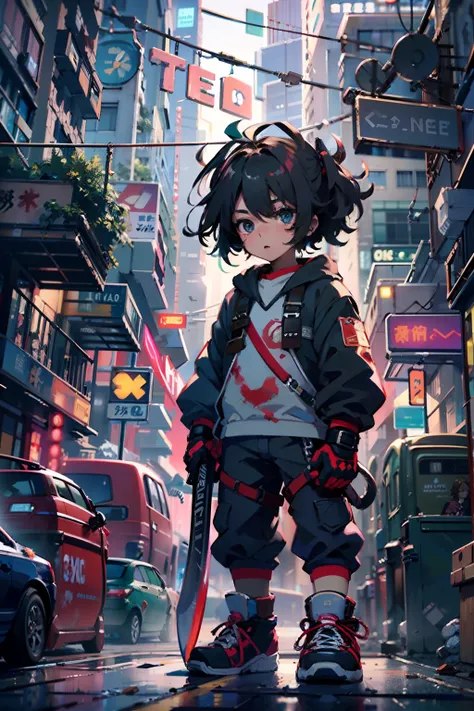 1st grade,(um menino de 13 anos:1.5)、Protagonista estilo anime、menino cyberpunk、traje preto、Cabelos prateados、Katanas,metralhadora、Corpo inteiro sangrento、Aerial view of the composition、The beginning of the adventure、muitas nuvens,Heavy fog、..lua,Chaotic c...