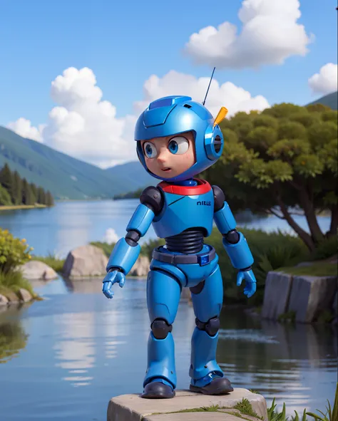 The little blue robot next to a lake