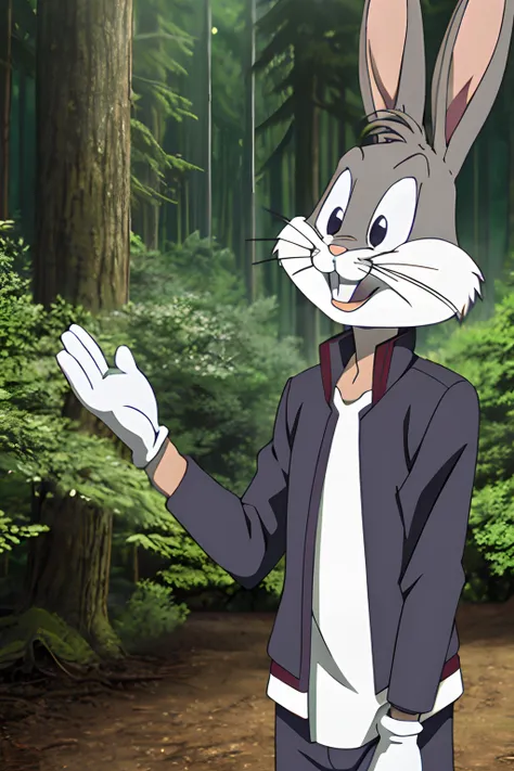 gloves, male, solo, bugs bunny, rabbit, buckteeth, forest, long ears, grey body, grey fur, white fur,furry,anime style, anime sc...