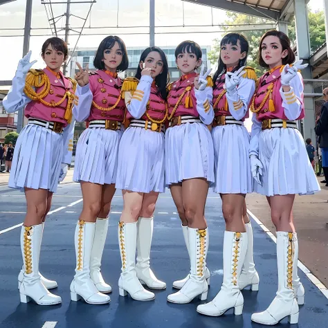 Quatro meninas de uniforme tirando fotos com seus casacos, 8k)), magic uniform university, 🚿🗝📝, 8k!!, 8k!, Tokusatsu, Toei, sao 8 k, Uniforme JK, Capturado na Canon EOS R 6, uniforme branco, Seifuku, por Sailor Moon, 🐝👗👾