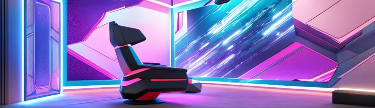 A futuristic gaming room with sleek, minimalistic design, featuring a high-tech gaming setup with multiple monitors, RGB lighting casting vibrant hues throughout the room, ergonomic gaming chair with adjustable controls, and a state-of-the-art virtual real...