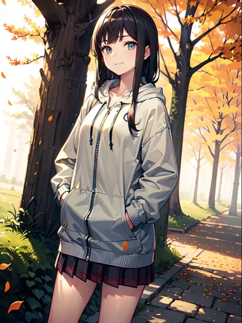 ((1 beautiful young girl)),Solo、1 persons、 ((14-year-old junior high school girl:1.5))、(flat chest)、(Dark-haired girl in grey oversized full-zip hoodie:1.3),(Do not wear hoodie hood:1.3)、Wearing a shirt inside a hoodie、(red plaid pleated skirt), (high sock...