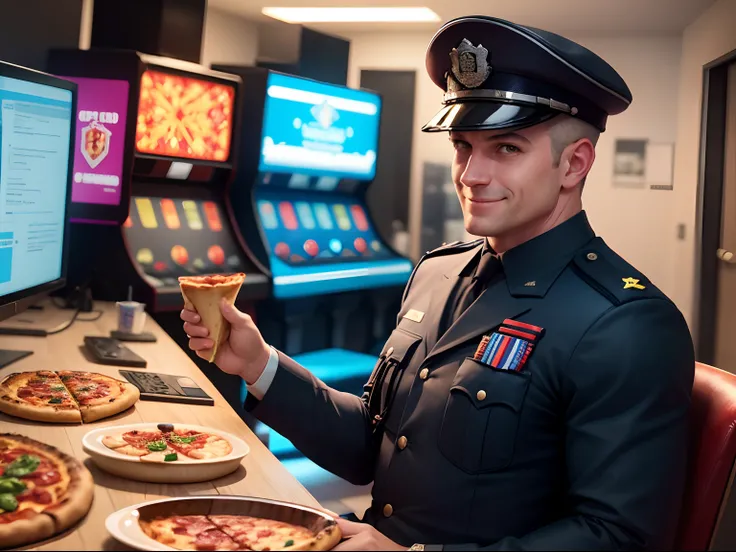 SOME BRITISH POLICEMAN EATING PIZZA, WEARING BRITISH POLICE UNIFORM, Jogando Arcade Video Games, sorrindo e falando, lugar divertido, imagem colorida, 8k, highes definition, high resolutions