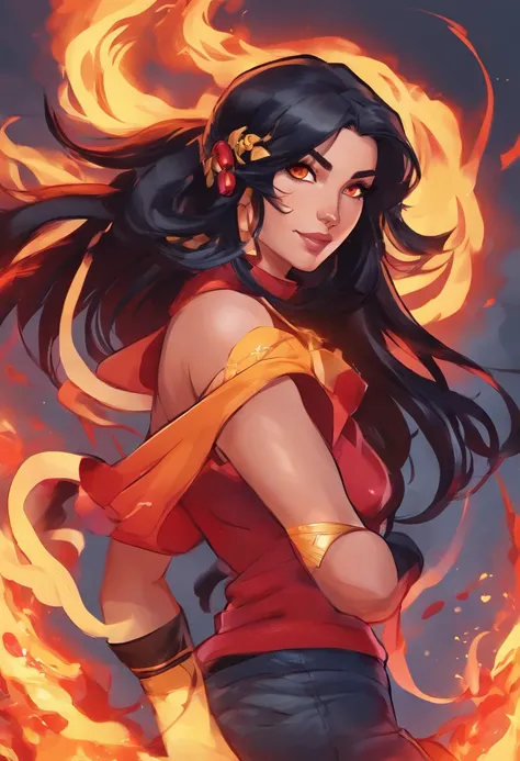 Nawra, tall anime Arab girl with black hair ponytail, yellow eyes, and a red croptop and black trousers, tall, athletic, strong, fit, muscular, fire!! full body, appears as the fire goddess, fire goddess, nico robin, hot fire goddess, she has fire powers, ...