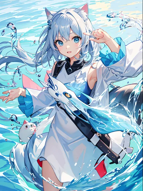 Anime cat in the water，fish around, anime visual of a cute cat, Trending on ArtStation pixiv, cute detailed digital art, a cat swimming in water, Wallpaper Anime Blue Water, anime cat, clean and meticulous anime art, Pisif Contest Champion, Pisif, Guweiz i...