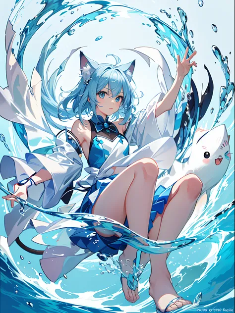 Anime cat in the water，fish around, anime visual of a cute cat, Trending on ArtStation pixiv, cute detailed digital art, a cat swimming in water, Wallpaper Anime Blue Water, anime cat, clean and meticulous anime art, Pisif Contest Champion, Pisif, Guweiz i...