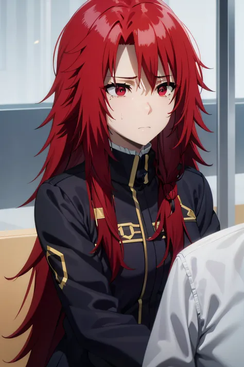 This face expresses deep sadness. Her eyes are downcast, and her facial expression is clearly dejected. The tear lines visible on her cheeks indicate recent sorrow,red hair,red eyes