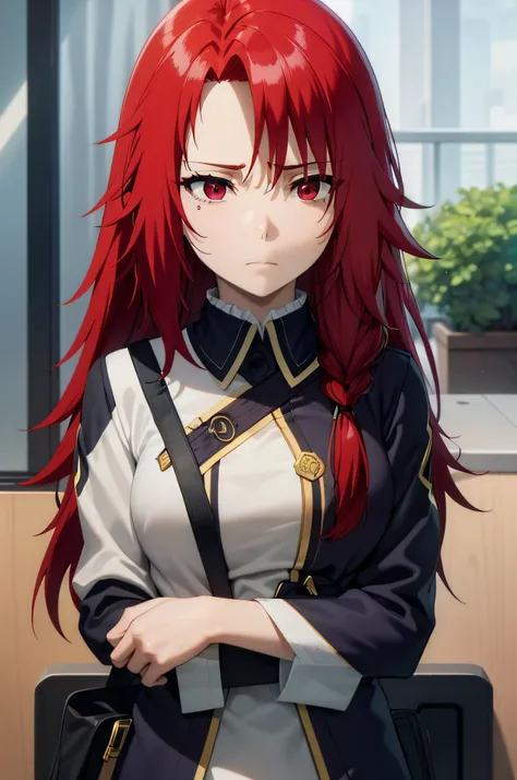 This face expresses deep sadness. Her eyes are downcast, and her facial expression is clearly dejected. The tear lines visible on her cheeks indicate recent sorrow,red hair,red eyes