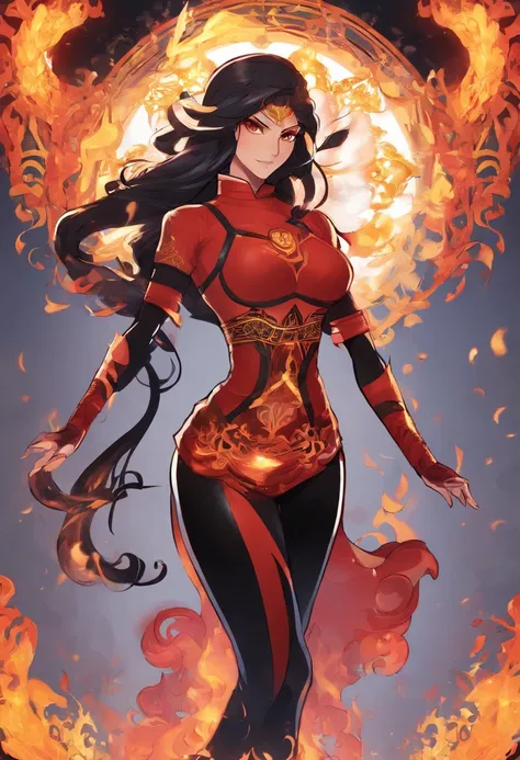 Nawra, tall anime Arab girl with black hair ponytail, yellow eyes, and a red crop top and black trousers, tall, athletic, strong, fit, muscular, fire!! full body, appears as the fire goddess, fire goddess, nico robin, hot fire goddess, she has fire powers,...