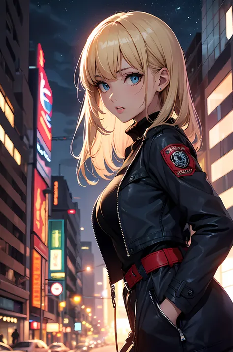 cinematic close up, A woman is investigating a crime scene in Paradigm City, masterpiece, best quality, night, 1woman, long hair, blue eyes, blonde hair, arms behind back, solo, outdoors, coat, night, belt, building, city, parted lips, open clothes, bangs,...