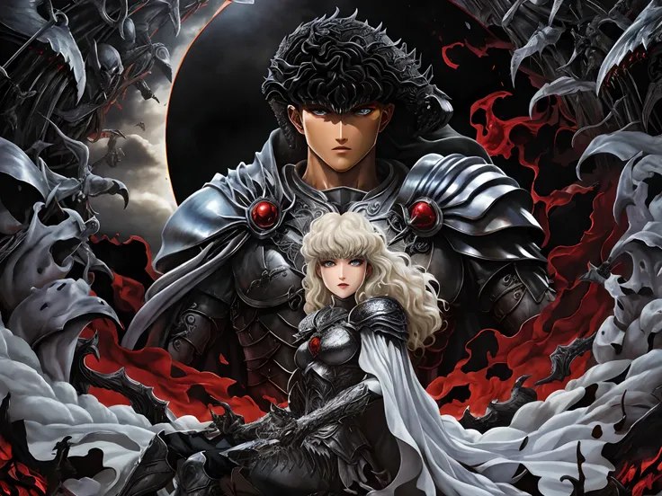 imagem arrapada de uma mulher e um homem de armadura, de Furioso, Furioso, Estilo de arte Berserk, sangue de Furioso, Estilo Berserk, Furious manga, Griffith, Berserk, Tripas de Berserk, Retrato de Guts de Berserk, em Berserk Manga, Berserk Skullknight Arm...