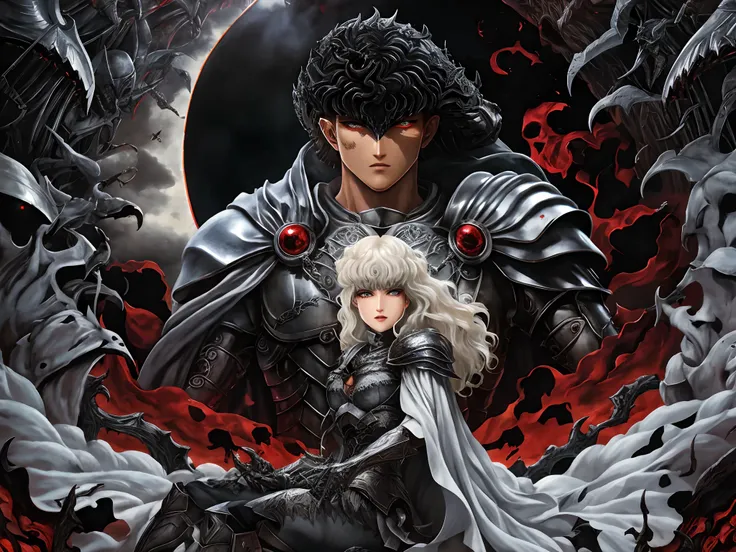 imagem arrapada de uma mulher e um homem de armadura, de Furioso, Furioso, Estilo de arte Berserk, sangue de Furioso, Estilo Berserk, Furious manga, Griffith, Berserk, Tripas de Berserk, Retrato de Guts de Berserk, em Berserk Manga, Berserk Skullknight Arm...