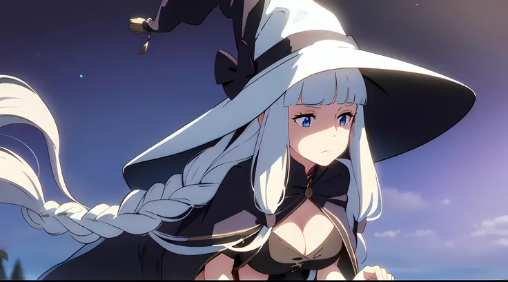 masterpiece, 1girl, (mature lady), solo, really long hair, white hair, bangs, braided hair, blowing hair, witch, Witch hat, light blue eyes, cleavage, night, Halloween, dark castle, big moon