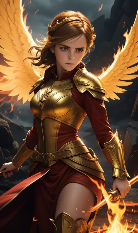 Emma Watsons golden blazing angel emits a roaring fire, hovering between thick clouds, wearing fiery red armor, holding a flame spear, wearing a halo on his head, and his eyes are firm, exuding a strong fighting aura, making people feel burning and powerfu...