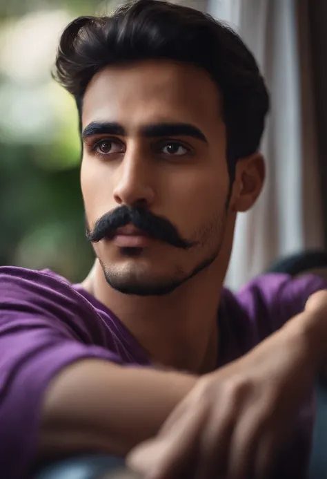 Man with mustache and purple shirt sitting on a sofa, Mohamed Chahin, 2 7 anos, 2 3 anos, em torno de 19 anos, 2 4 - ano - homem de idade, imagem do rosto, 2 9 anos, com rosto preciso, 2 8 anos, 2 4 anos, 2 2 anos, with serious face expression, desenhando ...