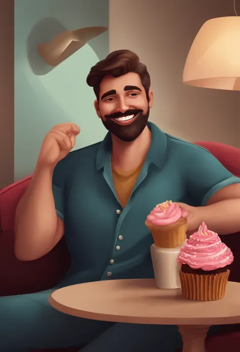 Illustration of man sitting on a sofa with a cupcake in his hand, sem barba, sem barba, sem barba e bigode, sorriso insano, 2 7 anos, sorriso frito, 2 8 anos, with a happy expression, com uma barba pequena, Jayison Devadas, desenhando no estilo de Arte 3D ...