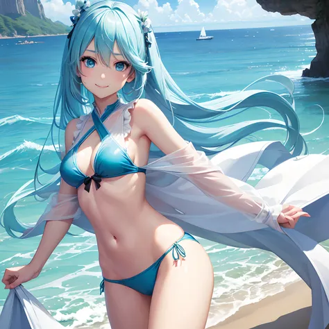 1 rapariga、(Solo), anime style, super fine illustrations、beautiful seductive anime girl、Super detailed、Smile、beautiful blueish eyes、Beautiful proportions、HATSUNEMIKU、Slender、gentle expressions、seductive anime girls、Lackluster skin、Transparent sexy bikini s...