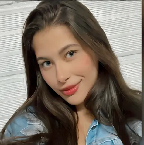 a close up of a woman with long hair wearing a denim shirt, leaked image, cindy avelino, leaked photo, violet myers, 😭 🤮 💕 🎀, 18 years old, dimples, 🤬 🤮 💕 🎀, headshot profile picture, without makeup, julia sarda, bella poarch, marischa becker, leaked