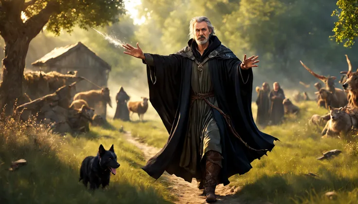 animal，modelshoot style, (extremely detailed CG unity 8k wallpaper),  Middle ages, druid，human，male，middle-aged，Tattered clothes，black silk robe,  nature magic, medieval era, , countryside, action pose, casting a spell，