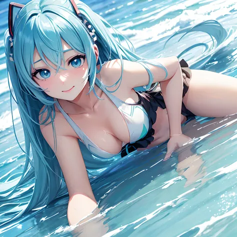 1 rapariga、(Solo), anime style, super fine illustrations、beautiful seductive anime girl、Super detailed、Smile、beautiful blueish eyes、Beautiful proportions、HATSUNEMIKU、Slender、gentle expressions、seductive anime girls、Lackluster skin、Transparent sexy bikini s...