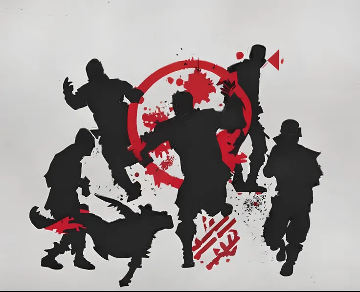 arafed image of a group of people with a dog and a star, football hooligans, abstract mosh pit, trash polka, unique silhouettes, red son, promo art, stencil art, inspired by Edo Murtić, crowded silhouettes, silhouette!!!, siluettes, heroic scene, the best ...