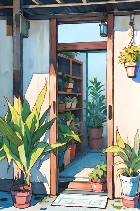 No humans, plant, window, potted plant, Duan, door, Scenery, Outdoors, Traditional Media, flower pots, building, PILLOWS, (Illustration:1.0), masutepiece, Best Quality,