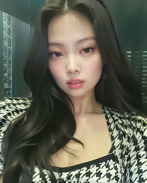 a close up of a woman with long hair wearing a black and white shirt, blackpink jennie, jossi of blackpink, portrait of jossi of blackpink, roseanne park of blackpink, heonhwa choe, jaeyeon nam, jinyoung shin, park ji-min, tzuyu from twice, gongbi, ulzzang...