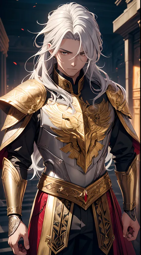 A man, silver hair, gold Eagle knight, fine armor, intricate design, red details, silk, cinematic lighting, 4k, floating hair, sharp, prism, shining knight