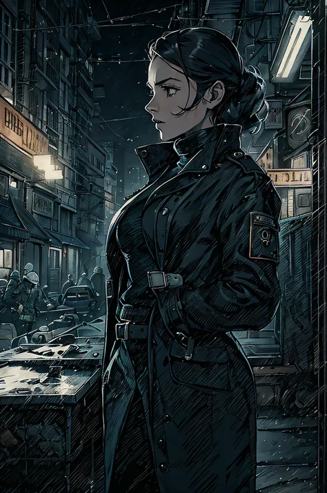 moody cinematic close up, A woman is investigating a crime scene in Paradigm City with the culture reflecting the 1940s mix with low scifi, night, 1woman, arms behind back, solo, indoors, coat, night, belt, building, city, open clothes, open coat, black co...