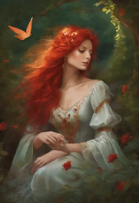 painting of a woman with red hair and a red tail sitting in a field, in style of anne stokes, artgerm julie bell beeple, fantasy genre portrait, fae teenage girl, faerie, portrait of fairy, realistic fantasy painting, portrait of a fairy, realistic fantasy...