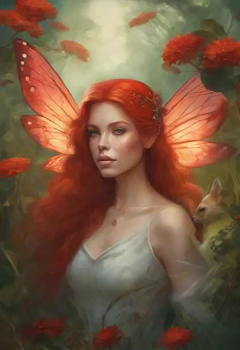 painting of a woman with red hair and a red tail sitting in a field, in style of anne stokes, artgerm julie bell beeple, fantasy genre portrait, fae teenage girl, faerie, portrait of fairy, realistic fantasy painting, portrait of a fairy, realistic fantasy...