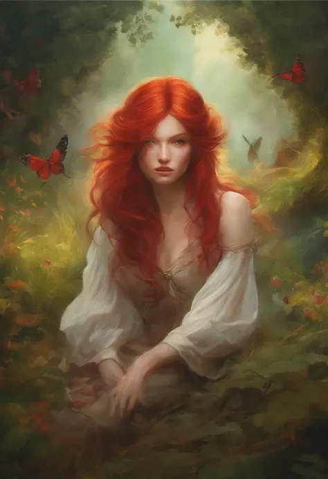 painting of a woman with red hair and a red tail sitting in a field, in style of anne stokes, artgerm julie bell beeple, fantasy genre portrait, fae teenage girl, faerie, portrait of fairy, realistic fantasy painting, portrait of a fairy, realistic fantasy...