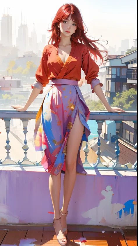 Painting of a woman in red blouse and skirt standing on a balcony, Guweiz, James Gurney estilo de pintura, por Bayard Wu, Obras de arte al estilo de Guweiz, CGsociety colores saturados, por Yanjun Cheng, Craig Mullins Alphonse Mucha, por Bian Jingzhao, por...