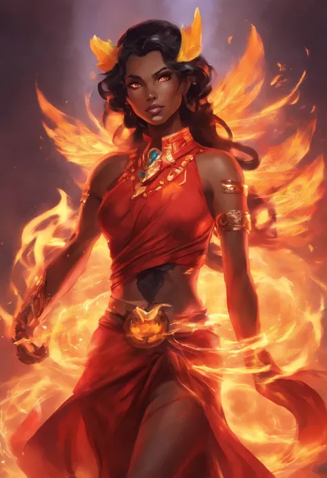 Nawra, tall dark-skinned Arab girl with black hair ponytail, yellow eyes, and a red crop top and black trousers, tall, athletic, strong, fit, muscular, fire!! full body, appears as the fire goddess, fire goddess, nico robin, hot fire goddess, she has fire ...