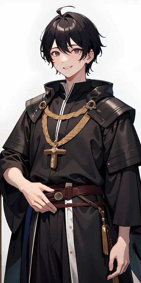 1 boy、A dark-haired、Splattered hair、18year old、A smile、Smiled、((Costumes of medieval Europe)),Knights,grey Clothes、Black eyes、cowboy  shot,Young features、fool、Ahoge、roundly eyes