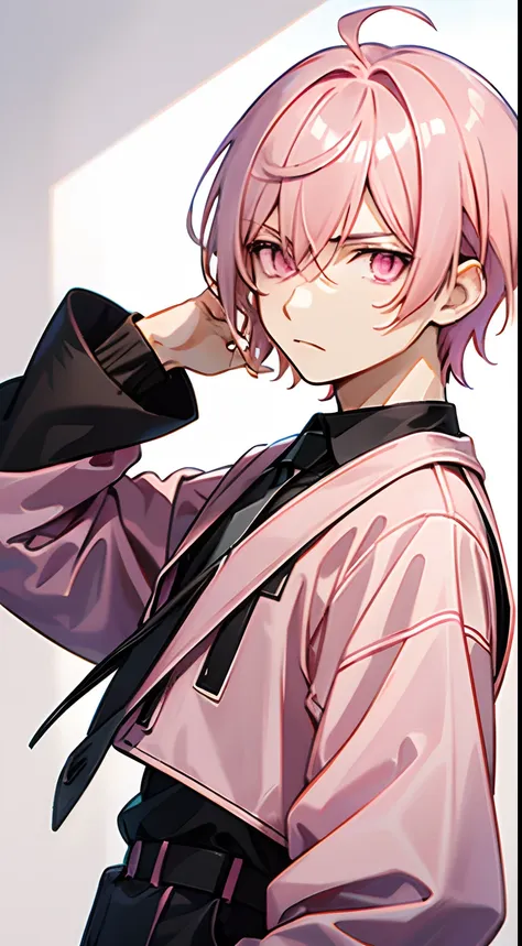 1boy, ((light pink hair color)) , short hair, black clothes, (light pink eyes color) angry, wings,