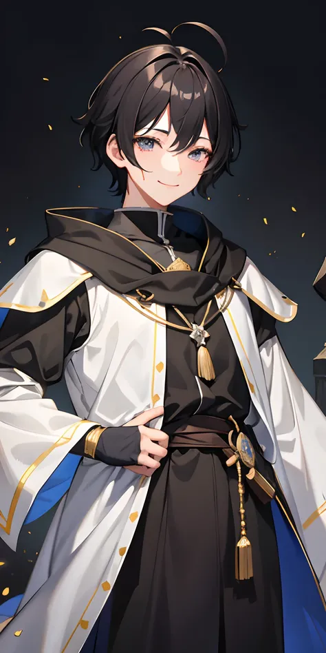 1 boy、A dark-haired、Splattered hair、18year old、A smile、Smiled、((Costumes of medieval Europe)),Knights,grey Clothes、Black eyes、cowboy  shot,Young features、fool、Ahoge、roundly eyes、Stupid face