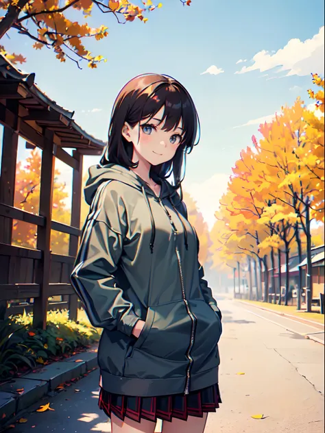 ((1 beautiful young girl)),(Solo、1 persons)、 ((14-year-old junior high school girl:1.5))、(flat chest)、(Dark-haired girl in grey oversized full-zip hoodie:1.37),(Do not wear hoodie hood:1.3)、Wearing a shirt inside a hoodie、(red plaid pleated skirt), (high s...