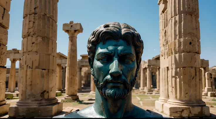 Ancient Stoic Statue With Very Angry Expression, tem barba, muitos detalhes em ambos os olhos, Outside, fundo atenas grego, open sky, com rosto extremamente detalhado full body view, Colors with low saturation with dark tone, Filmado em Sony A7S III com So...