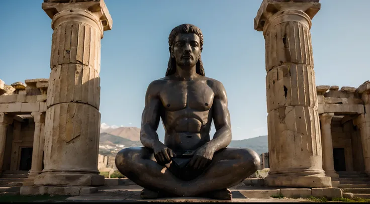 Ancient Stoic Statue With Very Angry Expression, tem barba, muitos detalhes em ambos os olhos, Outside, fundo atenas grego, open sky, com rosto extremamente detalhado full body view, Colors with low saturation with dark tone, Filmado em Sony A7S III com So...