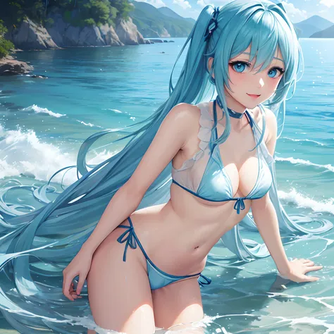 1 rapariga、(Solo), anime style, super fine illustrations、beautiful seductive anime girl、Super detailed、Smile、beautiful blueish eyes、Beautiful proportions、HATSUNEMIKU、Slender、gentle expressions、seductive anime girls、Lackluster skin、Transparent sexy bikini s...