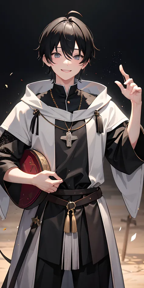 1 boy、A dark-haired、Splattered hair、18year old、A smile、Smiled、((Costumes of medieval Europe)),Knights,(grey Clothes),Black eyes、cowboy  shot,Young features、fool、Ahoge、roundly eyes、Stupid face、stupid、stupid