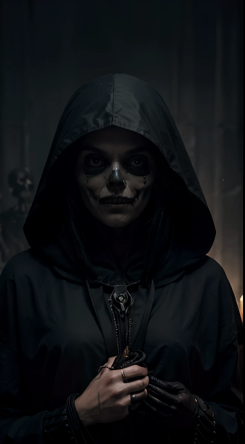 Create a frighteningly detailed and realistic depiction of the hooded figure of Death. Deepika Padukone. The scene is expected to feature a black silhouette with a skull on a face and a skeletal hand holding a menacing sickle. Esta figura sinistra deve ter...