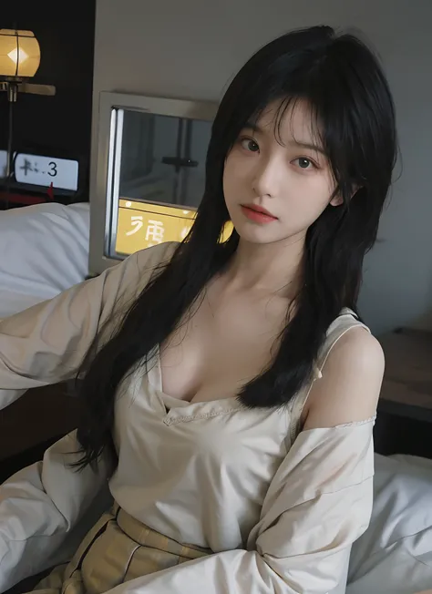 best qualtiy， 超高分辨率， （realisticlying：1.4）， one-girl， A pair of clear and snowy eyes,Royal Sister，Black long straight，yellow school uniforms， （big cleavage breasts：1.3）， looking at viewert， closeup cleavage ，