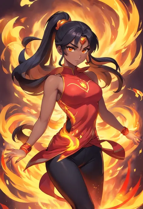 Nawra, tall dark-skinned Arab girl with black hair ponytail, yellow eyes, and a red crop top and black trousers, tall, athletic, strong, fit, muscular, fire!! full body, appears as the fire goddess, fire goddess, nico robin, hot fire goddess, she has fire ...