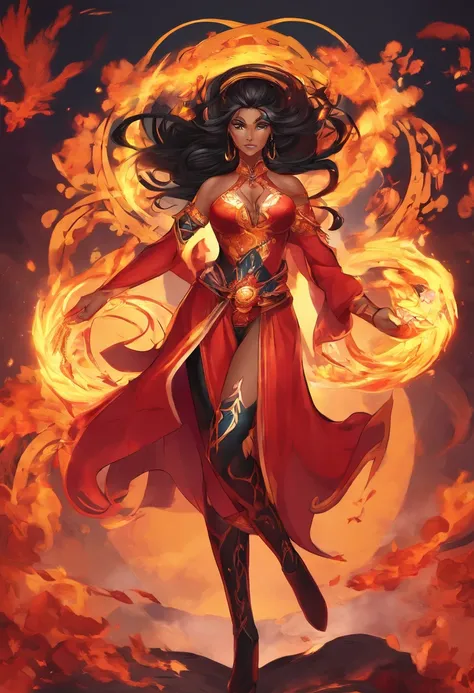 Nawra, tall dark-skinned Arab girl with black hair ponytail, yellow eyes, and a red crop top and black trousers, tall, athletic, strong, fit, muscular, fire!! full body, appears as the fire goddess, fire goddess, nico robin, hot fire goddess, she has fire ...