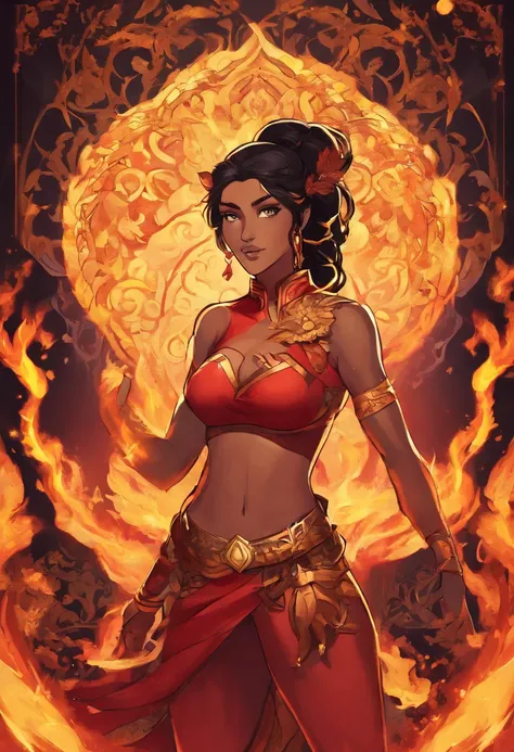 Nawra, tall dark-skinned Arab girl with black hair ponytail, yellow eyes, and a red crop top and black trousers, tall, athletic, strong, fit, muscular, fire!! full body, appears as the fire goddess, fire goddess, nico robin, hot fire goddess, she has fire ...