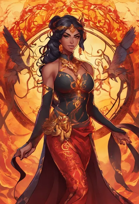 Nawra, tall dark-skinned Arab girl with black hair ponytail, yellow eyes, and a red crop top and black trousers, tall, athletic, strong, fit, muscular, fire!! full body, appears as the fire goddess, fire goddess, nico robin, hot fire goddess, she has fire ...